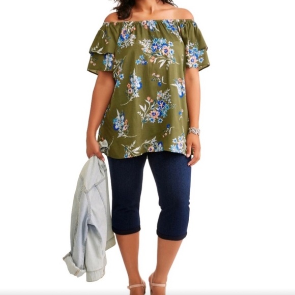 Plus Size Peasant Top Floral On / Off Shoulder Blue orange green Size: 2X 20W - Picture 3 of 14